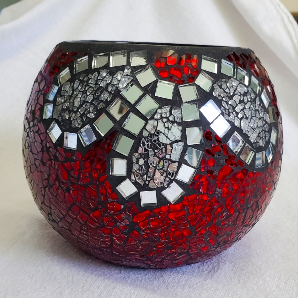 Mosiac Candle Holder Bowl, Mirror & Red Crackle Glass, 6" tall
